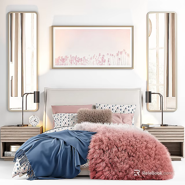 Cozy Double Bed In Bright Bedroom With Blue Quilt Pink Fur Throw Pillows And Wall Art 3d model 
