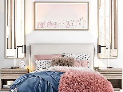 Cozy Double Bed In Bright Bedroom With Blue Quilt Pink Fur Throw Pillows And Wall Art 3d model