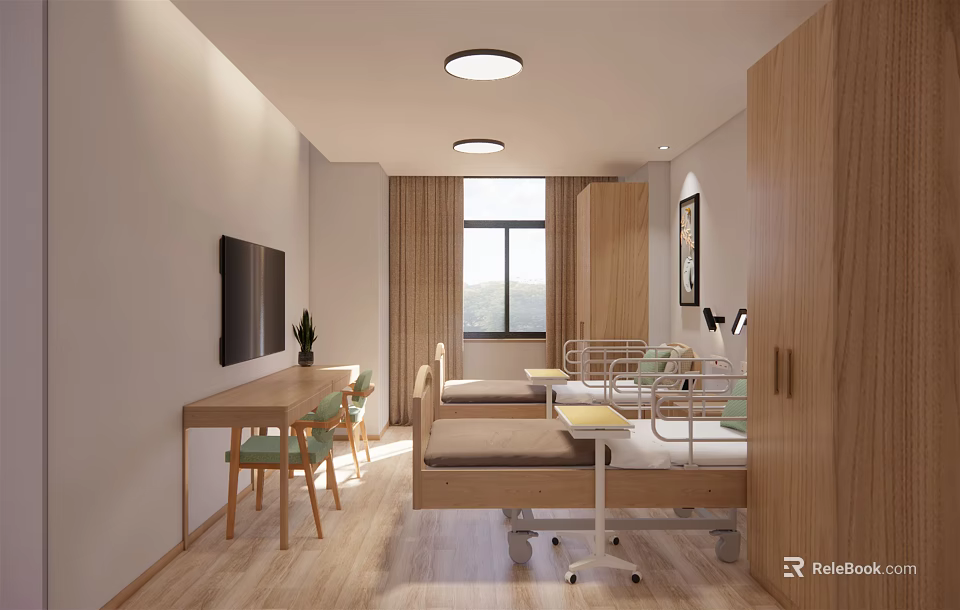 Medical Care Room Interior With Beds Table Chairs TV Cabinets And Window 3d model 