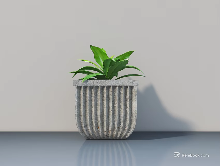 Bonsai Potted Plant With Green Leaves In Gray Striped Pot For Indoor Decor 3d model 