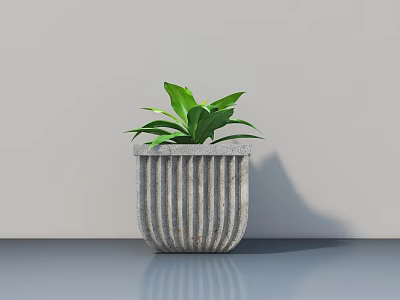 Bonsai Potted Plant With Green Leaves In Gray Striped Pot For Indoor Decor 3d model