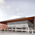 Modern Building Exterior View With Glass Curtain Walls Water Pool Cherry Blossoms And Plaza