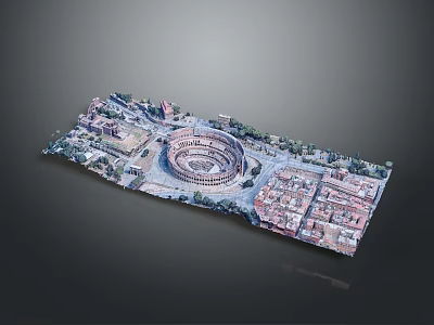 Ancient Roman Architectural Model Featuring Colosseum Surrounding Square Buildings And Green Areas 3d model