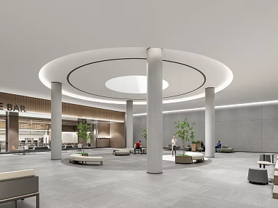 School Lobby Interior With Circular Ceiling Skylight White Pillars And Green Plants 3d model
