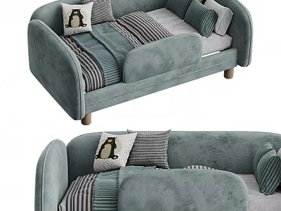 Modern Soft Velvet Kids Bed With Safety Guardrail And Cute Cartoon Decorative Pillows 3d model