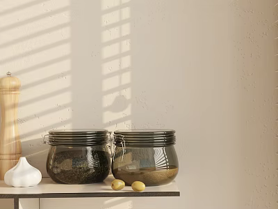 Glass Storage Jars With Pepper Grinder Garlic And Sunlight On Kitchen Shelf 3d model