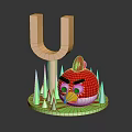 Red Angry Bird Character With Wooden Fork And Green Grass Decorative Setup