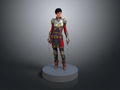3D Female Warrior Character In Medieval Armor With Dual Swords Standing On White Base 3d model