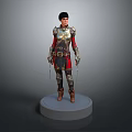 3D Female Warrior Character In Medieval Armor With Dual Swords Standing On White Base