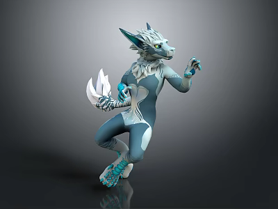 Anthropomorphic Fox Like Creature Character In Dynamic Pose With Blue White Fur And Fitted Suit 3d model