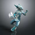 Anthropomorphic Fox Like Creature Character In Dynamic Pose With Blue White Fur And Fitted Suit