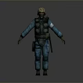 Tactical Personnel In Blue Uniform Helmet Face Mask Vest And Outstretched Arms
