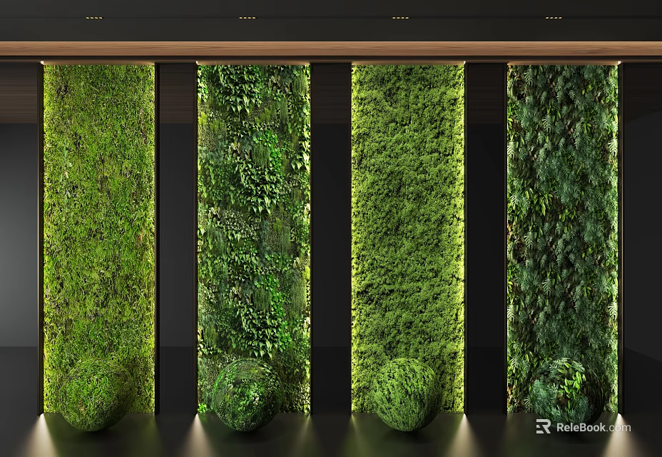 Indoor Vertical Living Plant Wall Design With Different Greenery And Decorative Spherical Plants 3d model 