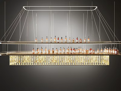 Elegant Display of Wine Bottles and Glasses on Modern Shelves With Hanging Lights 3d model