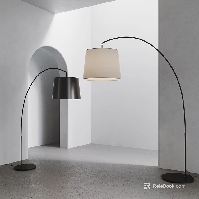Modern Floor Lamp Design With Arched Arm Beige And Black Shades In Minimalist Interior 3d model 