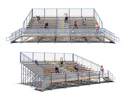 Public Facility Metal Bleachers With Blue Railings Steps And People In Use 3d model