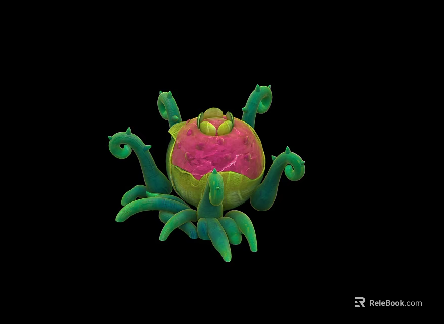 Unique Plant With Green Curly Tentacles And Vibrant Pink Central Body Design 3d model 
