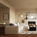 Cozy Living Room Interior Design with Beige Sofa Fireplace Decorative Painting and Arched Doorway