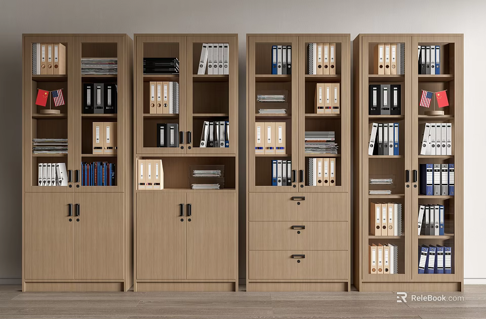 Wooden Bookcases With Folders Books And Storage Shelves For Office Organization 3d model 