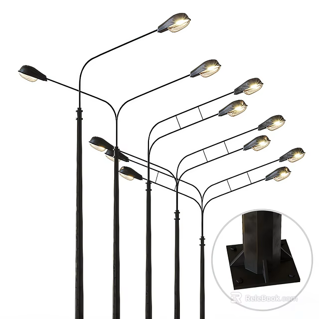 Multiple Curved Outdoor Light Poles With Top Lamps And Base Details 3d model 