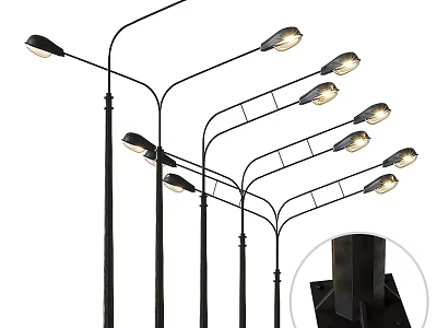 Multiple Curved Outdoor Light Poles With Top Lamps And Base Details 3d model