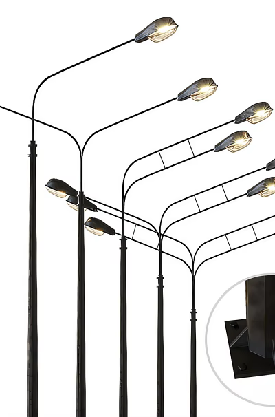 Multiple Curved Outdoor Light Poles With Top Lamps And Base Details 3d model
