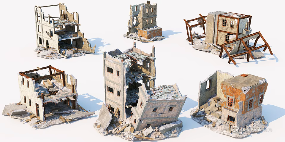 Damaged Building Components with Collapsed Walls Rubble and Debris 3d model 
