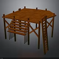 Orange Wooden Construction Platform With Staircase Ladder And Support Beams