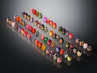 Colorful Easter Eggs With Various Patterns Arranged in Rows On Black Background 3d model