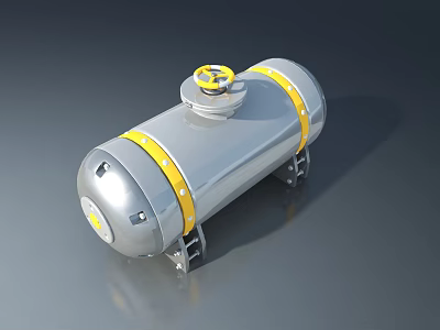 Silver Cylindrical Tank With Yellow Stripes And Valve On Gray Background 3d model