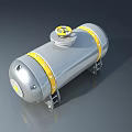 Silver Cylindrical Tank With Yellow Stripes And Valve On Gray Background