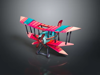 Vintage Biplane Model Airplane With Colorful Red Pink Blue Stripes And Propeller 3d model
