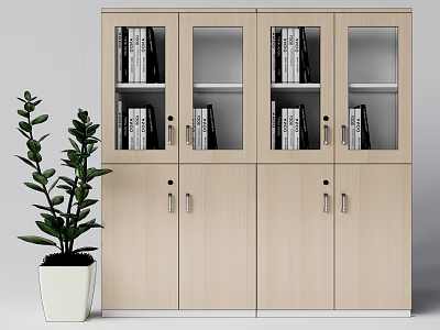 Light Wood Bookcase With Glass Doors And Wooden Cabinets Holding Books And Potted Plant Beside 3d model