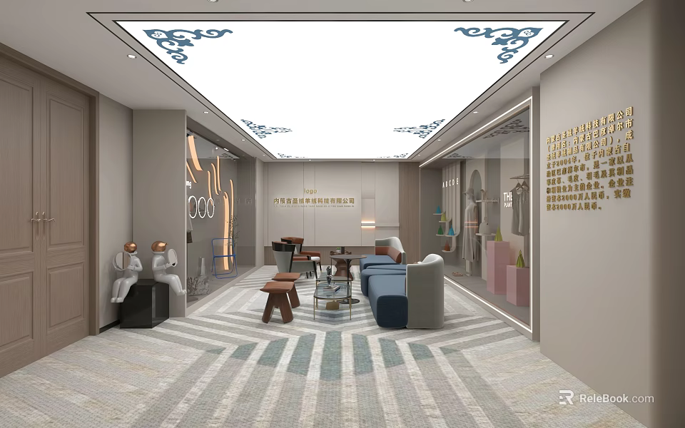 Modern Lounge Area Interior With Sofa Coffee Table Patterned Rug And Ceiling Decor 3d model