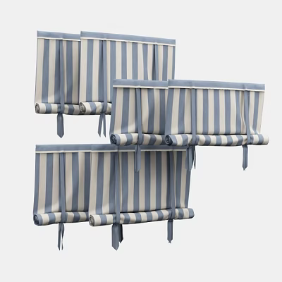 Stylish Blue and White Striped Roller Blinds in Rolled Up Home Decor Design 3d model