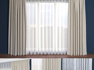 Beige Linen Curtains With Sheer White Panels And Dark Blue Wall Backdrop 3d model