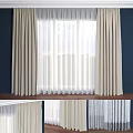 Beige Linen Curtains With Sheer White Panels And Dark Blue Wall Backdrop