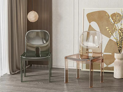 Modern Transparent And Green Dining Chairs in Living Room With Abstract Painting And Curtain 3d model