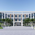 Modern Hotel Building with Palm Trees Water Fountain Glass Facade and White Pergola Landscaping