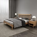 Modern Minimalist Bedroom Interior With Wooden Bed Gray Bedding Nightstands And Lamps