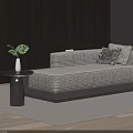 Elegant Plaid Chaise Lounge With Decorative Pillows Wooden Base And Side Table Plant