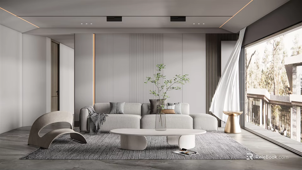 Modern Living Room Interior With Gray Sofa Coffee Table Green Plant And Rug 3d model 