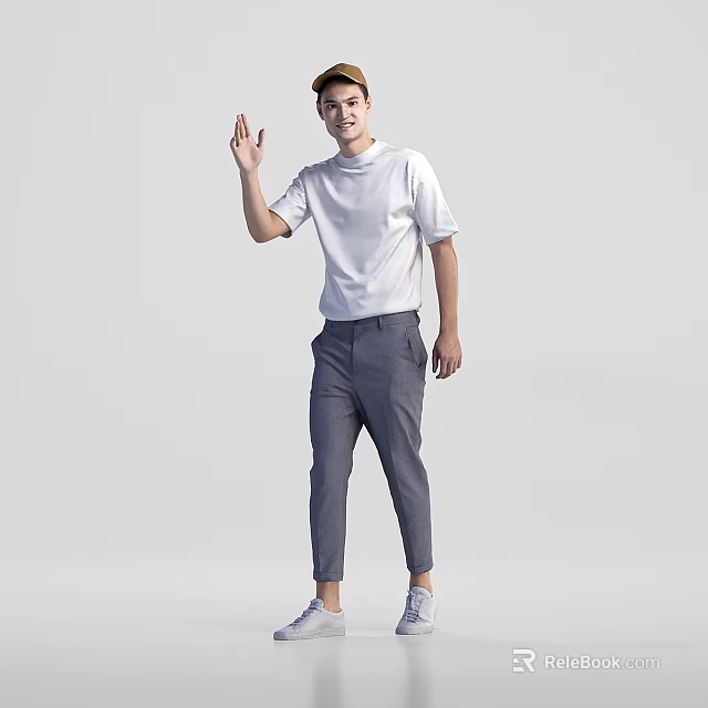 Young Man Waving Hand In White T Shirt And Gray Pants Standing 3d model 