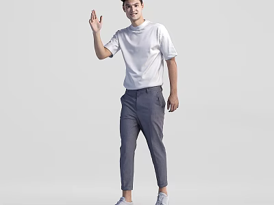 Young Man Waving Hand In White T Shirt And Gray Pants Standing 3d model