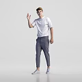 Young Man Waving Hand In White T Shirt And Gray Pants Standing