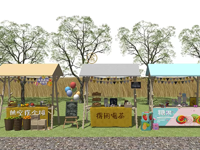 Outdoor Market Stalls With Various Products Trees Balloons And Awnings 3d model