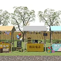 Outdoor Market Stalls With Various Products Trees Balloons And Awnings