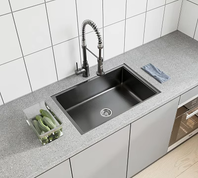 Stainless Steel Kitchen Sink With Modern Faucet On Gray Countertop And Fresh Vegetables Container 3d model