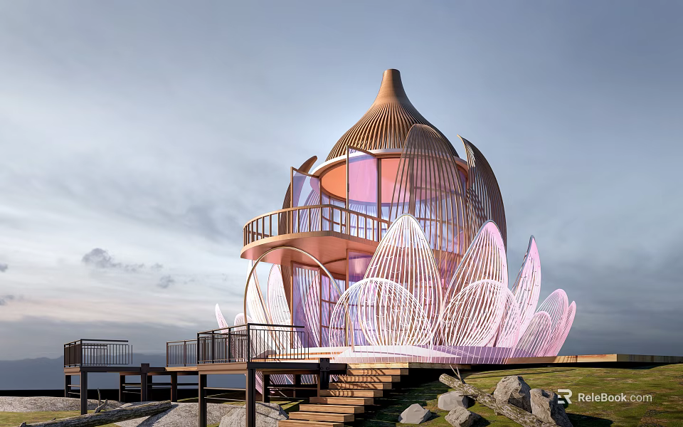 Lotus Shaped Wooden House With Balcony Staircase Rocks Grass And Scenic Coastal View 3d model 