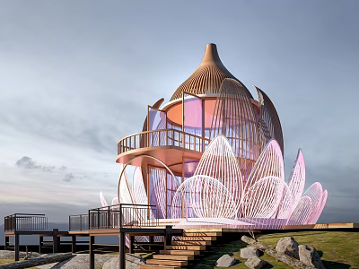 Lotus Shaped Wooden House With Balcony Staircase Rocks Grass And Scenic Coastal View 3d model